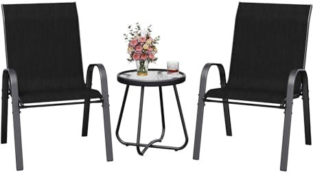 Amopatio Outdoor Bistro Set, Garden Stackable Chairs and Table, 3 Piece Garden Furniture Sets for Balcony, Porch, Backyard, Black