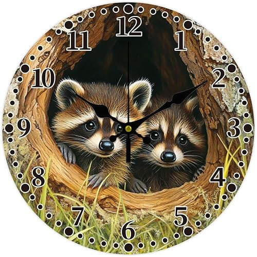 CHGCRAFT Waschbär Wanduhr 12 Zoll Batteriebetrieben Wanduhr Mit Baumloch Nicht Tickend Geräuschlos Dekorative Uhr