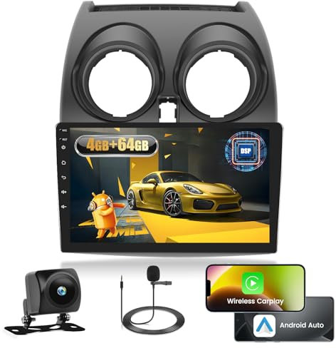 Fuluku 4+64G Android Radio para Nissan Qashqai J10 2006-2016 con Wireless Carpaly&Android Auto, 9'' IPS Touch Screen Radio Coche con Bluetooth 5.0/GPS/Cámara de Marcha Atrás/FM/WiFi/SWC