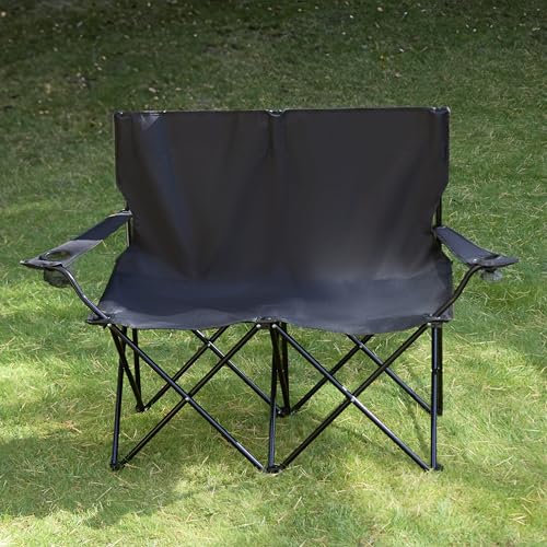 OHS 2 Seater Camping Chair Black Garden Camping, Lightweight Steel Frame Folding Chair with Cup Holder & Carry Bag For Outdoor Activities, One Size