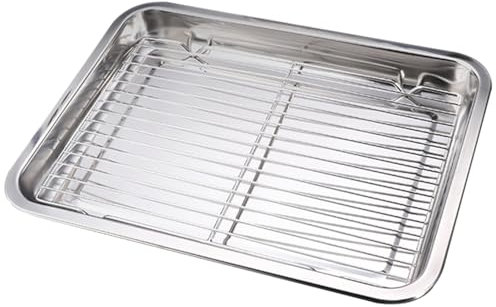 Bandeja de parrilla Bandeja de barbacoa de acero inoxidable de 14x10x1 pulgadas con plato de parrilla rectangular de la rejilla de filtrado para alimentos fritos BBQ.