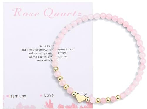 CERSLIMO Rose Quartz Bracelet for Women Girls - Natural Bead Healing Stretch Link Bracelets with Small Beautiful 4mm Crystal & Sweet Heart Charm, Anxiety Gift Birthday Christmas Gifts