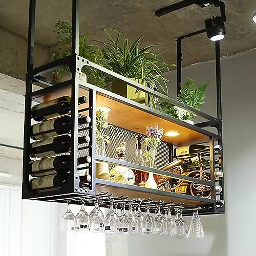 Hängendes Weinregal mit Untersetzern, Wandmontage, Deckenhalter, Massivholz und Eisen, industrielles Metall, schwebende Regale für Bar, Display, ultradünner Aluminium-Wein-Organizer