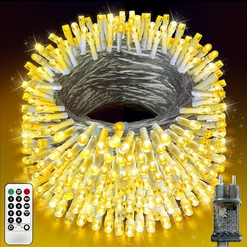 XURISEN 50M Lichterkette 1000 LED Warmweiß Transparent Weihnachten Timer 8 Modi IP44 Wasserdicht Fernbedienung für Garten Balkon Weihnachtsdekoration