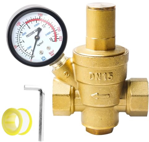 Druckminderer Wasser 1/2 Zoll DN15 mit Manometer, Messing Wasserdruckminderer, Wasserdruckregler Einstellbar Druckminderer 1,6 MPa Druckregler und Einstellwerkzeug für Wasser überdruckventil
