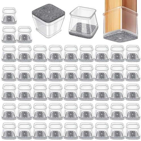 48 PCS Chair Feet Floor Protectors Square, Fit 2.5-3.6cm Silicone Chair Leg Floor Protectors with Felt Pads for Protecting Hardwood, Tile, Laminate Floors from Scratches and Noise (Gray)
