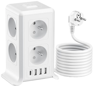 Multiprise avec Interrupteur Tour,Françaises 12 en 1 Prise Multiple avec 8 AC et 4 USB, Multiprise 1 USB C et Rallonge Electrique 5M, Multi Prise Electrique Convients, Maison, 3680W, Blanc