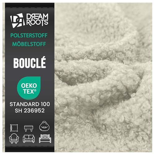 DreamRoots Bouclé Möbelstoff Meterware, Cremefarben, Laufmeter | Polsterstoff, 315 g/m², 80.000+ Martindale, UV- & feuerresistent, ideal für Sofa, Sessel, Kissen, DIY Projekte