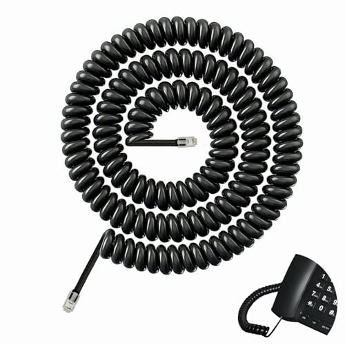 WaxYxaW 5m RJ9 Câble Téléphonique Incurvé à Ressort en Spirale, 4P4C Câble pour Combiné de Téléphone Fixe, pour Combiné Téléphonique Bureau et Maison, Cable Telephone Fixe Noir, Cordon Telephone Fixe