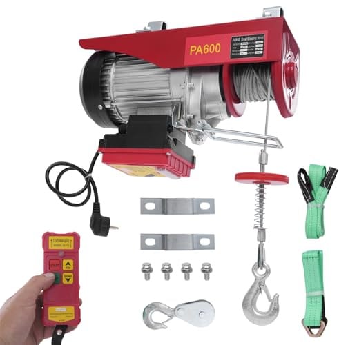 Seilwinde Elektrisch 220V, Elektrische Seilwinde Tragfähigkeit 250kg/400kg/600kg/1000kg, Hubhöhe 6/12m, Hubgeschwindigkeit 10m/min, IP40 Elektrohebezeug für Garage Lagerhäuser (1200W-600kg)