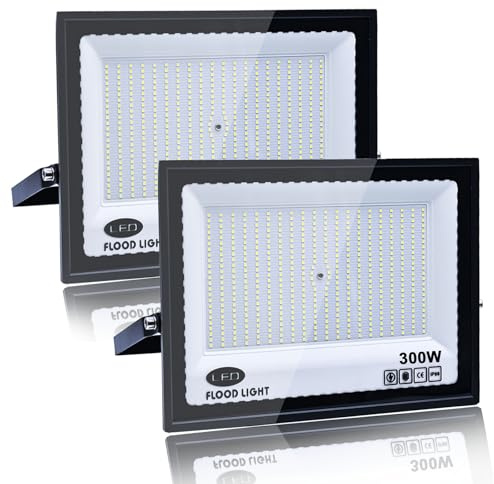 2 Piezas Focos LED Exterior 300W, Tkdaksy 1M Cable Blanco Frío 6500K Proyector LED Exterior, Resistente al Agua IP66 Foco Proyector LED, 20000LM para Terrazas, Patios, Balcones, Parques, Garajes, Fábr