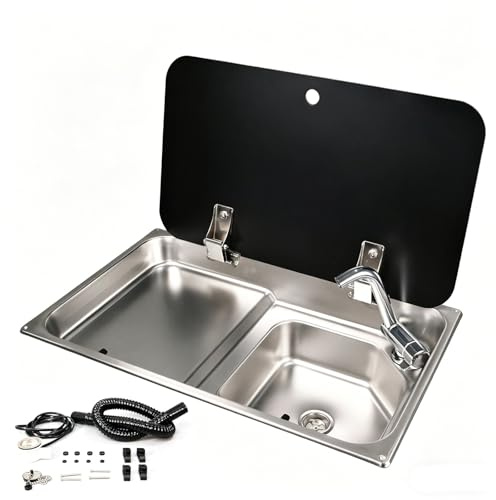 Lavandino Camper, Lavello Cucina con Rubinetto Integrato, Coperchio a Scomparsa, Gocciolatoio, Acciaio Inox 304, per Bar, Food Truck e Camper