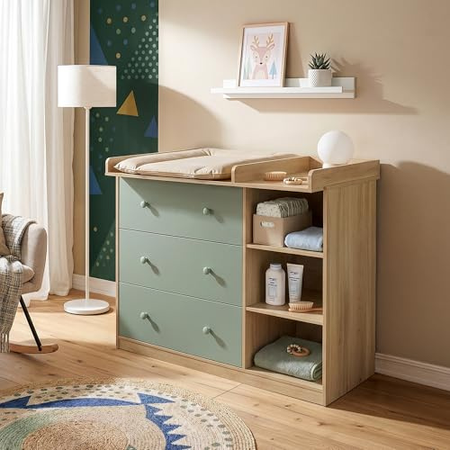 [en.casa] Cassettiera con Piano Fasciatoio Rimovibile Scaffale per la Cura del Bambino Neonato con 3 Cassetti e 3 Scomparti Aperti per Cameretta 93 x 110 x 55 cm - Effetto Rovere/Verde