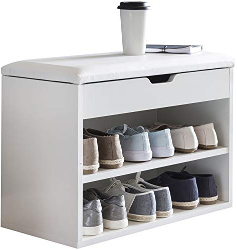 Wohnling Schuhbank 60x30x40 cm Weiß mit Sitzfläche, Garderobenbank | Sitzbank klein gepolstert, Holzbank schmal mit Stauraum für Flur und Diele, Bank mit klarer Formgebung