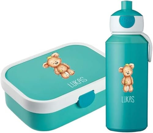 4youDesign Set: türkise Brotdose & Trinkflasche für Kinder -BÄR mit Krone- personalisiert mit Namen – mit Bento Box, Gabel & Pop-Up Flasche, Einschulung (Türkis)