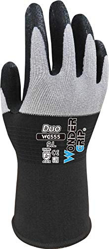 Wonder Grip WG-555 Duo - Arbeitshandschuh mit Nylonmaterial am Handrücken, Nitrilbeschichtung für extra Grip; Stricktechnik, Sicherheitshandschuhe für sicheres Greifen; XXL / 11, Grau / Schwarz