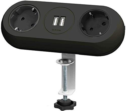 Orno AE-13133/W Tisch Steckdose 2-fach mit 2x USB Ladegerät, 1.4 Meter Kabellänge, Farbe: Schwarz, 3680W Schuko