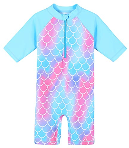 ZNYUNE Niña Traje de Baño 1 Pieza Manga Corta 376 Sirena-Azul 6A