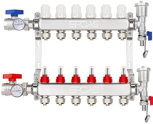 Collettore PEX per riscaldamento a pavimento radiante a 6 porte, Collettore di riscaldamento a pavimento radiante con tubi PEX da 1/2 con kit in acciaio inossidabile