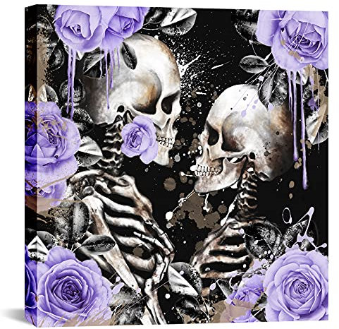 OuElegent Skelett Paar Wandkunst Totenkopf Liebhaber mit lila Blumendruck auf Leinwand Gemälde Romantisches Gothic Thema Bilder Kunstwerk für Wohnzimmer Schlafzimmer Wanddekoration gerahmt fertig zum