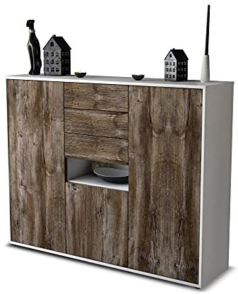 Stil.Zeit Highboard Kommode Paulina, Korpus Weiss matt, Front Holz-Design Treibholz (136x108x35cm), Push-to-Open Technik & Leichtlaufschienen