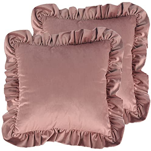 Samt-Kissenbezüge mit Rüschen, 2 Stück, dekorative Kissenbezüge mit Rüschen, 50,8 x 50,8 cm, einfarbig, Shabby-Chic-Bauernhaus-Kissenbezug für Wohnzimmer, Sofa, Bett, Kupfer