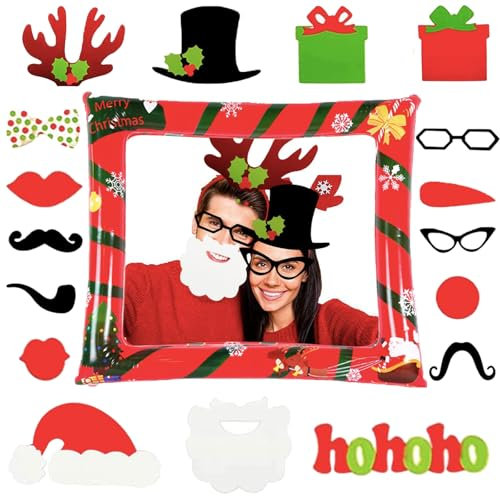 POPOYU 17 Stück Weihnachten Fotorahmen-Set mit Weihnachten Photo Booth Requisiten Aufblasbare Fotorahmen Selfie Bilderrahmen Weihnachten Fotobox Accessoires für Weihnachten Party Dekoration