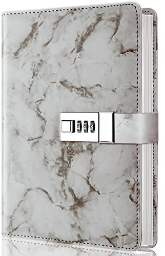 Marble Diary with Lock, Refillable A5 Daily Journal for Girls and Women, 192 Pages Cute Notebook with Combination Lock for Teen Girls and Boys - Gray