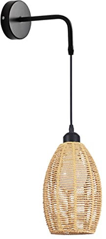 Lámpara de pared de diseño retro industrial E27, lámpara de pared de bambú ajustable, pantalla de ventilador de mimbre natural, iluminación de pared de mimbre para dormitorio, sala de estar, pasillo