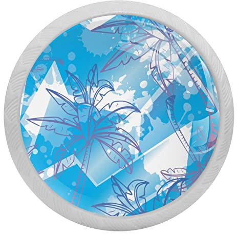 Schubladenknopf, Palme auf blauem geomrtrischem Kristallglas, ergonomisch, 30 mm, rund, leuchtend, für Küche, Kommode, Schrank, Kleiderschrank