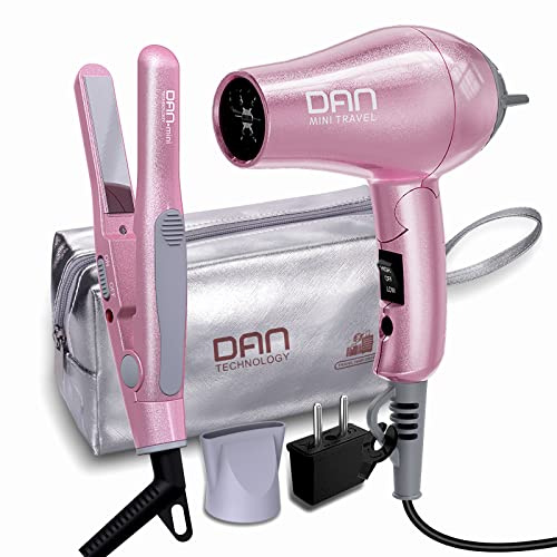 DAN Technology - Juego de secador de pelo plano de hierro y secador de pelo de viaje y pequeñas placas planas con estuche de viaje, boquilla concentradora y adaptador de enchufe de la UE, doble