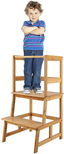 COSTWAY 2 Stufen Lernturm, Kinder Tritthocker mit Handlauf, Trittschemel mit mit Anti-Rutsch Pads, Lernstuhl Küchenhelfer bis 70 kg Belastbar für Kinder von 18-36 Monaten (Natur, Bambus)