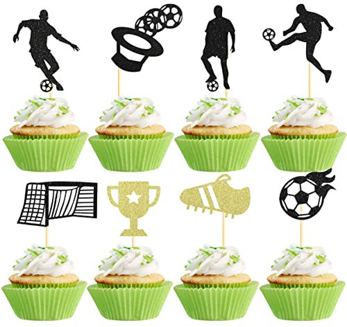 Sotpot 32pcs Glitter Soccer Cupcake Toppers Soccer Ball Cupcake Picks for Football Theme Birthday Party Baby Shower Kids Boy Men Birthday Party Supplies