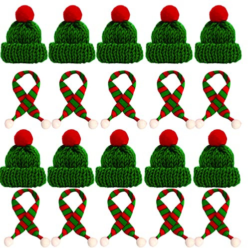 Dereine 20 Stück Mini Weihnachtsmütze, Mini Weihnachtsmütze und Schal Set, Mini-Strickmütze des Weihnachten, Nikolausmütze Klein für Weihnachten Weinflasche Abdeckung, Puppenhaus, Weihnachtsfeiern