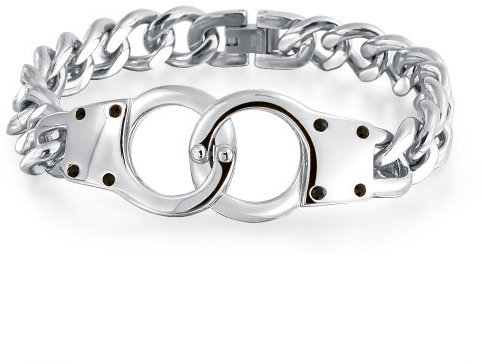Biker Jewelry Interlocking Handcuff Bracelet for Men with Padlock Curb Chain Silver Tone Stainless Steel 8 Inch