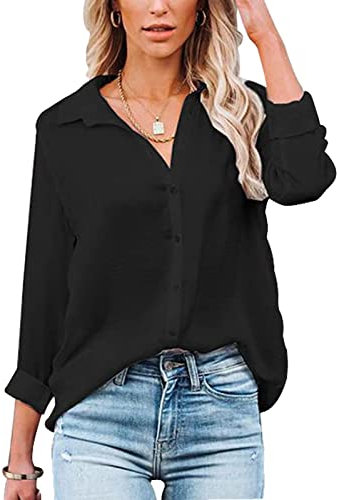 Baynetin Camicia Donna Manica Lunga/Corte Blusa con Scollo a V Bottoni Elegante Casual Curvy da Lavoro Facile Ferro Stiro Business Tops Shirt (Nero, M)