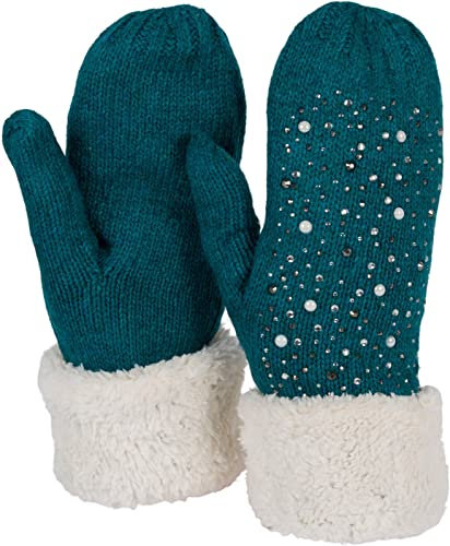 styleBREAKER Damen warme Winter Strick Fäustlinge mit Strass und Perlen, Handschuhe, Thermo Fleece, Strickhandschuhe 09010039, Farbe:Petrol