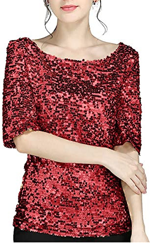 Pullover Damen Glitzer Shirt Kurzarm Oberteile Schön Glänzend Pailletten Tops Tshirt Elegant Festlich Damenbluse Mode Abend Party Wedding Glitzertop Bluse Tunika