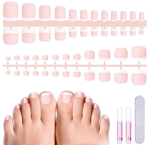 MELLIEX 120 Stück Falsche Fußnägel Kit, Französisch Natürliche Künstlich Matt Fußnägel zum Aufkleben, Full Cover Toe Nails Tips für Frauen, 12 Größen