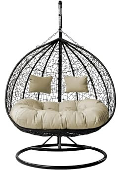 Mirjan24 Hängesessel Torn mit Polster und Kissen, 2-Sitzer Polyrattan Hängesessel mit Gestell, Outdoor Hängestuhl für Zwei Personen, Hängekorb, Zweisitzer (Schwarz/Cremefarbig.)