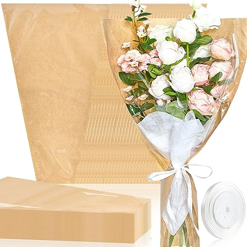 Jutieuo 50 Stück Blumenhüllen für Blumenstrauß, 35,6 x 55,9 cm, Blumen-Geschenkpapiertüte mit Band, transparente Vorderseite, Kraftpapierpapier für Floristen, Blumenverpackungen und