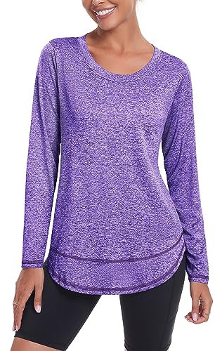Deaviya Womens Long Sleeve Sports Tops UK, Sport Yoga T-Shirt Workout Running Tops, Crew Neck Quick Dry Golf Activewear Ladies Gym Sports Top, L,Purple