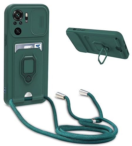 BGHHEU Coque avec Cordon pour Xiaomi Poco M5s/Redmi Note 10/Note 10S,Collier pour Étui Colliers de cellulaire Réglable Corde Silicone Souple Case,Protection de la Caméra,Support,Porte Cartes - Vert