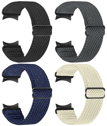 Yunshare Elastic Watch Straps Compatible with Samsung Galaxy 6/5/4 40mm 44mm/Galaxy 6 Classic 43mm 47mm/Watch 5 Pro 45 mm/Galaxy 4 42mm 46mm Women Men Stretch Nylon Solo Loop, Black+Grey+Indigo+Beige