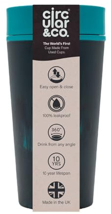 Circular and Co Leakproof Reusable Coffee Cup Made from Beach Waste 12oz/340ml - Our Leakproof Sustainable & Insulated Reusable Travel Mug (Black & Beach Waste)