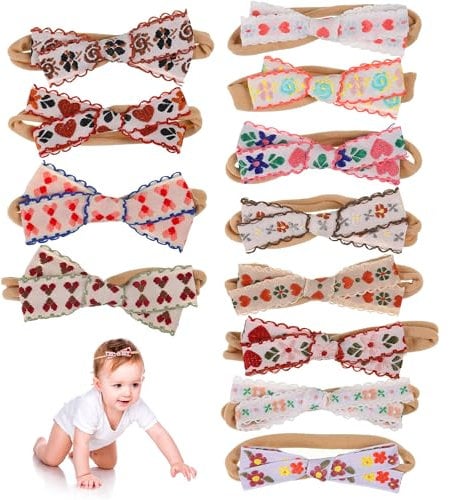 WUISOLQP 12 PCs Baby Girls Headbands Hair Bows Soft Stretchy Nylon Hairbands Flower Patterns Handmade Hair Band for Newborn Infant Toddlers as Birthday Christmas Wedding Photography Hair Accessories