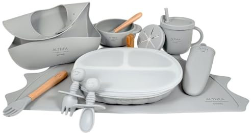 Althea Living - Vajilla bebé silicona orgánica - 15 piezas - Plato y bol con ventosa, vaso de aprendizaje, cubiertos con mango de bambú, cubiertos de aprendizaje, babero, mantel (Gris perla)