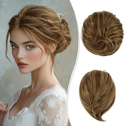 RUWISS Haarteil Lang Dünn Glattes Tousled Updo Bun Rea Echthaar Elegante Haarteile Haargummi Lang Scrunchie Verlängerungfür Damen,25g
