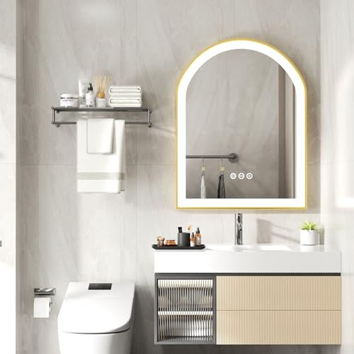 LUVODI Bogen Spiegel mit Beleuchtung: 90x60 cm Antibeschlag Badspiegel mit Metall Rahmen Matt Gold, Bad Wandspiegel LED beleuchtet, Touch Schalter, LED Licht Wechsel