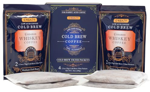 CREA8T Cold Brew Cinnamon Whiskey flavored ground coffee - Pack of 4 Cold Brew GROUND Filter packets 2.5oz each totalling 10oz.